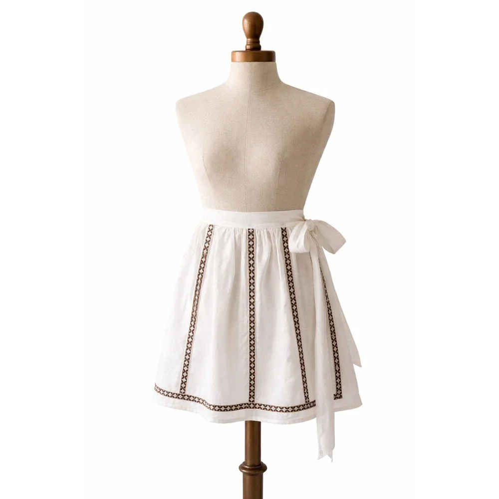Vintage 70s Cottagecore Half Apron Women OS White Brown Gold Geometric Trim